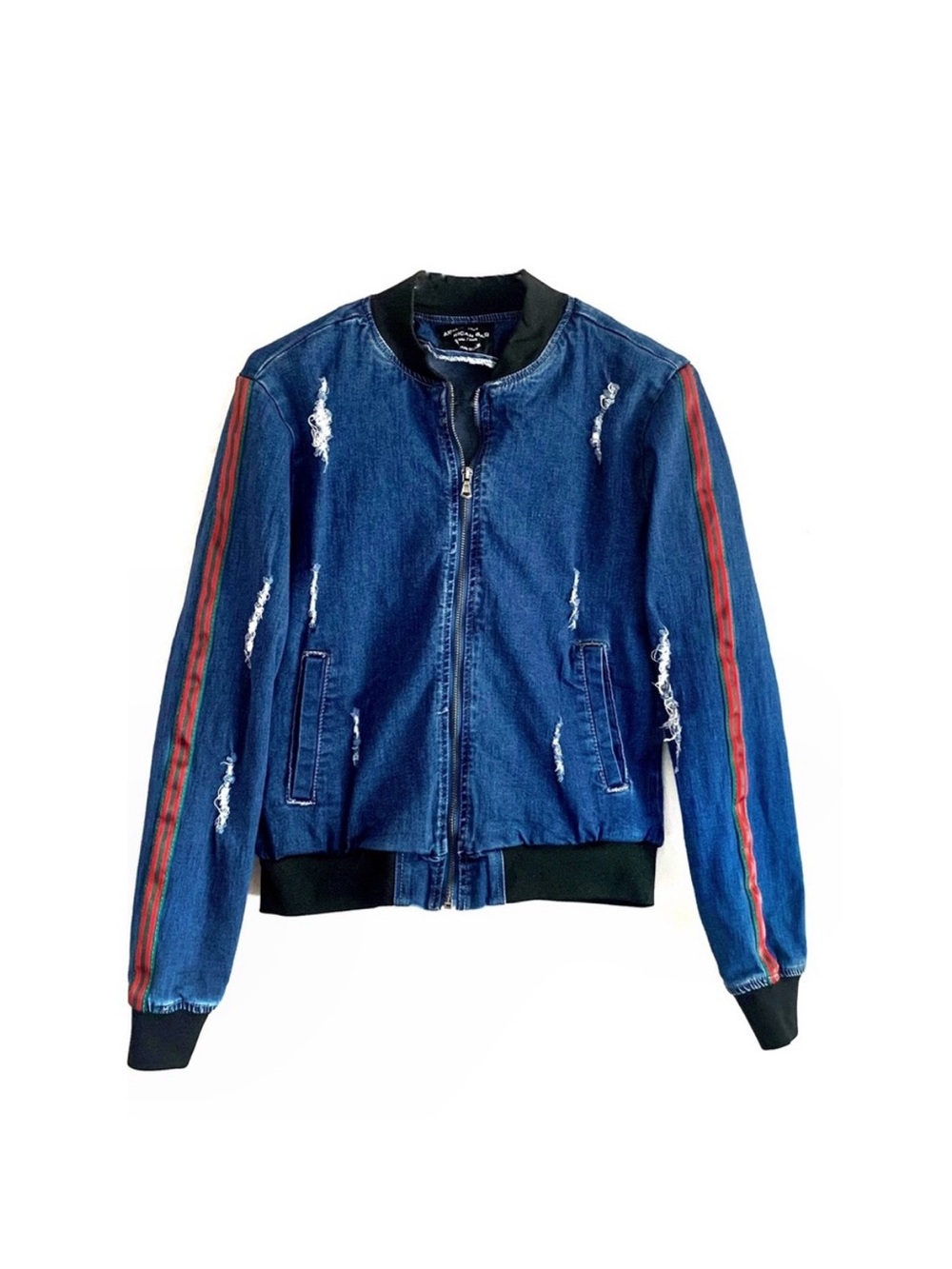 American Bazi Denim Distressed Jean Jacket with Green and Red Striped Sleeves